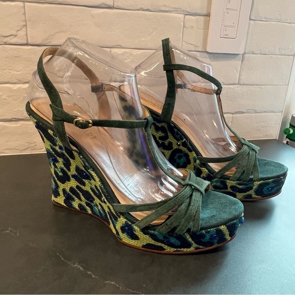 Colin Stuart sz 11 green suede leopard print platform wedge sandals - Picture 10 of 16